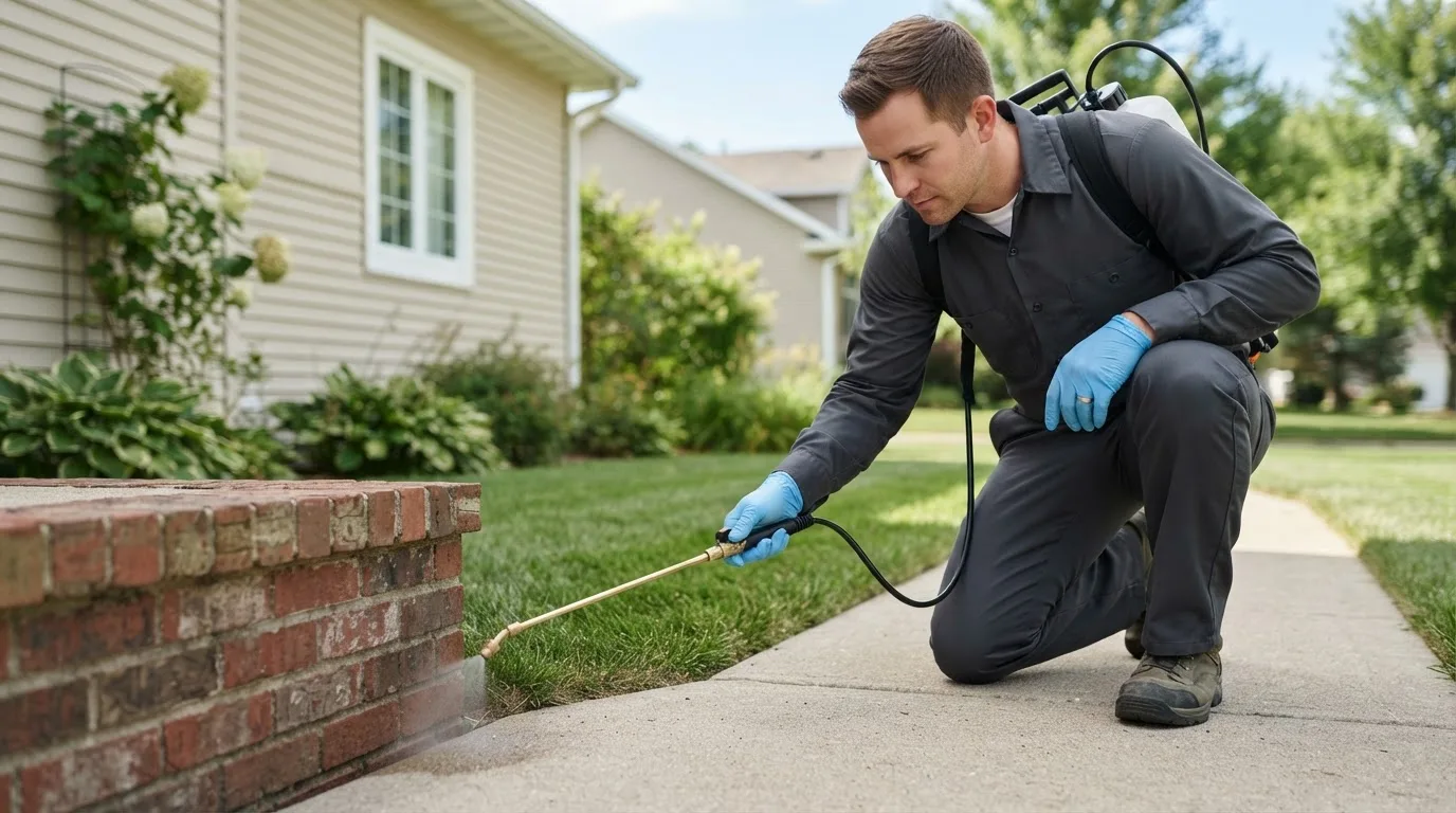 Pest control technician treating a home near North Woodstock, NH