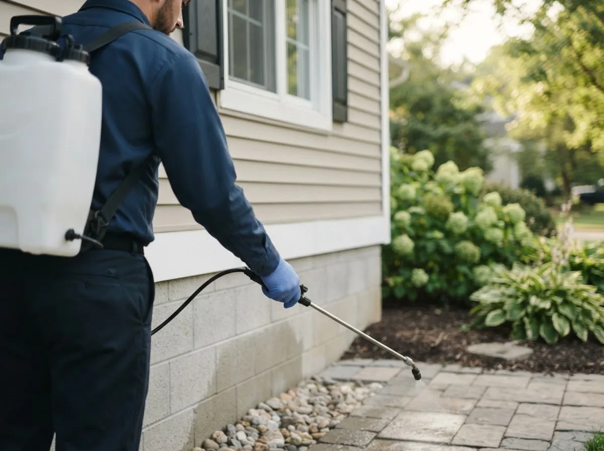 Pest control technician inspecting a home in North Woodstock, NH